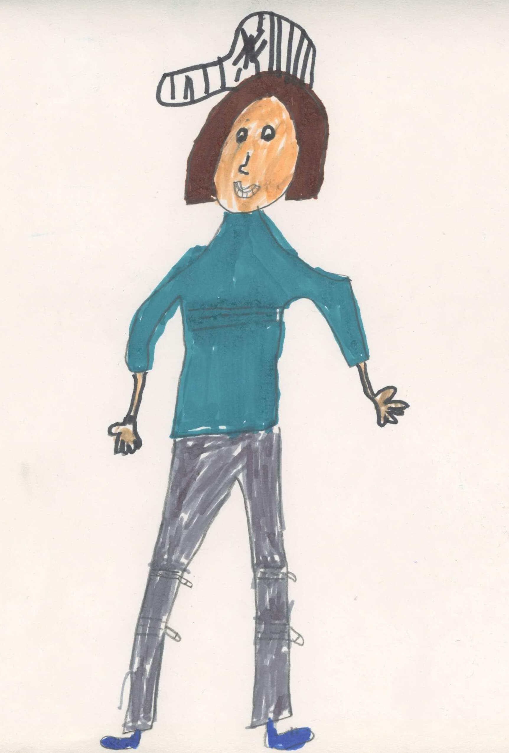 A drawing I did of myself, I am wearing a yankee hat, blue shirt, zippered pants and blue shoes.